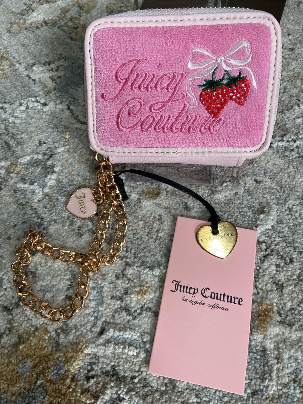 Juicy Couture Pink and Strawberry Zip Wristlet with Gold Chain